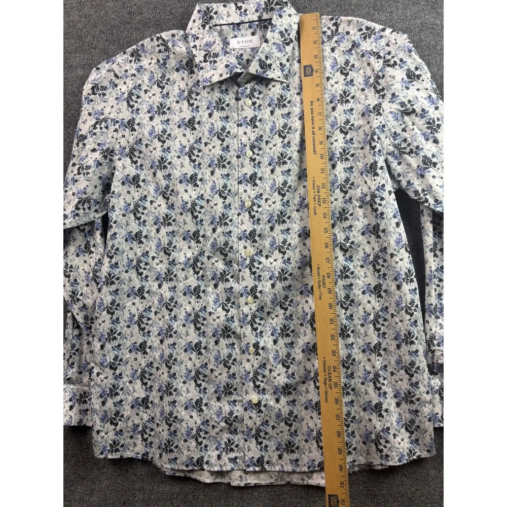 Eton Button Down Shirt Mens 18 46 Blue White Floral Contemporary Fit Long Sleeve